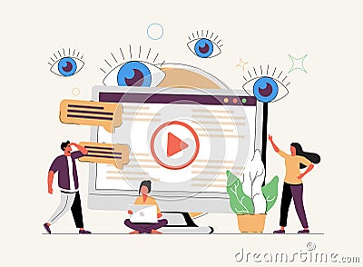 Online courses lesson for distance knowledge web study tiny persons concept. Virtual school using internet services. Vector Illustration