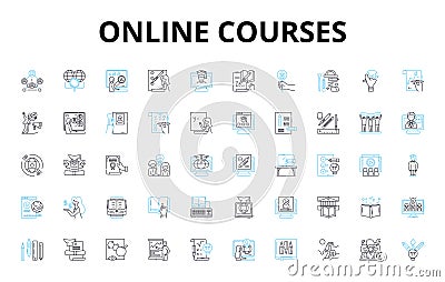 Online courses linear icons set. E-learning, Virtual, Distance, Web-based, Remote, Digital, Cyber vector symbols and Vector Illustration