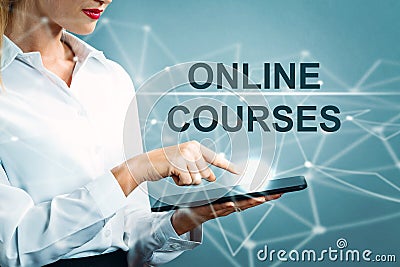 Online Courses text with business woman Stock Photo