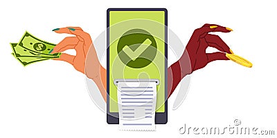 Online credit any amount. Money in debt. Cartoon hands give dollar banknotes or gold coins. Isolated smartphone screen Vector Illustration