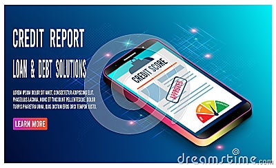 Online Credit Score Check Using Mobile phone with gauge speedometer indicator, color levels and paper sheet chart .of personal cre Vector Illustration