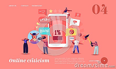 Online Criticism, Social Network Harassment Landing Page Template. Characters Bully in Smartphone Harassing Victim Vector Illustration