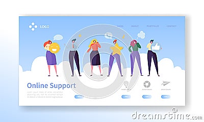 Online Customer Service Technical Support Landing Page. Operator Character Chat to Help User Solution. Hotline Vector Illustration