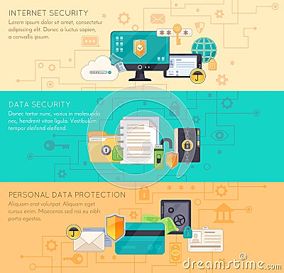 Online Data Protection 3 Flat Banners Vector Illustration