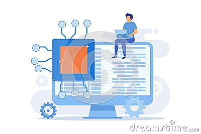 Online database, cloud disk. Data storage, information base, computer application. PC user Vector Illustration