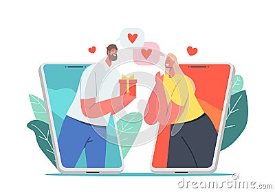 Online Date, Modern Romance Relationship Concept. Male a Character Giving Present to Woman via Smartphone Screen Vector Illustration