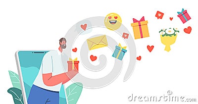 Online Date, Tiny Male Character on Huge Smartphone Screen Holding Gift Box in Hands Sending Messages, Emoji and Flowers Vector Illustration