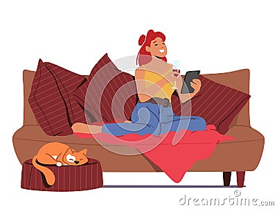 Online Date, Virtual Relations Concept. Female Character Sitting on Sofa with Mobile, Laughing, Drink Wine, Chatting Vector Illustration