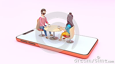 Online dating app in 3d smartphone with young couple on a coffee date Stock Photo