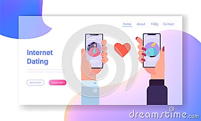 Online Dating Application Concept Landing Page. Male and Female Chatting in Social Network. Hand Holding Smartphone Website Vector Illustration