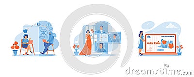Online Dating concept. Online dating with a fake boyfriend. Woman visits online dating site. Vector Illustration