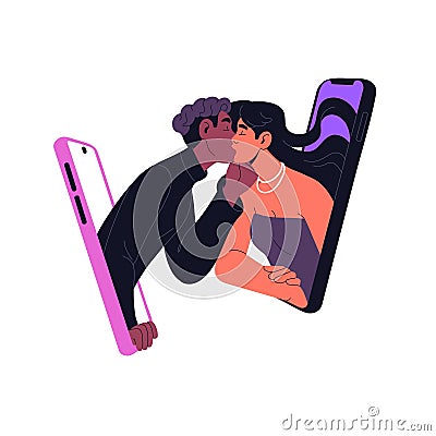 Online dating concept. Interracial couple kiss. People in relationship by phone, screen. Internet service for Vector Illustration