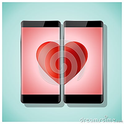 Online dating concept Love has no boundaries with two smartphones matching red heart on screen Vector Illustration