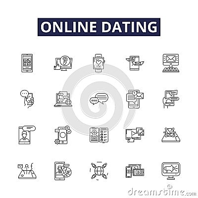 Online dating line vector icons and signs. Online, Matchmaking, Singles, Romance, Relationships, Soulmates, Love Vector Illustration