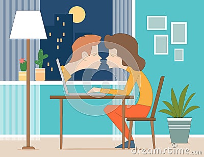 Online Dating, long-distance love, a kiss. Video chat vector concept Vector Illustration
