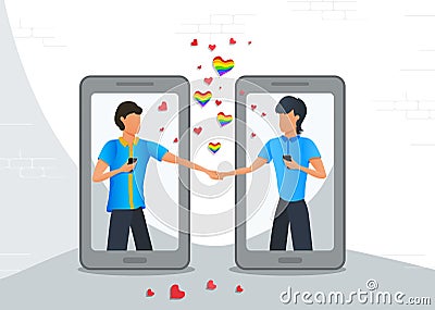 Online dating mobile app, LGBT gay couple in virtual relationships using smartphones, chatting on the internet, social networking, Stock Photo