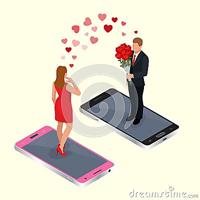 Online dating. Online dating app concept with man and woman. Flat 3d vector isometric illustration. Online internet Vector Illustration