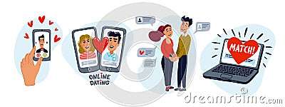 Online dating set. Dating couples, mobile app, notebook, Young man and woman searching for love with a Mobile phone Vector Illustration