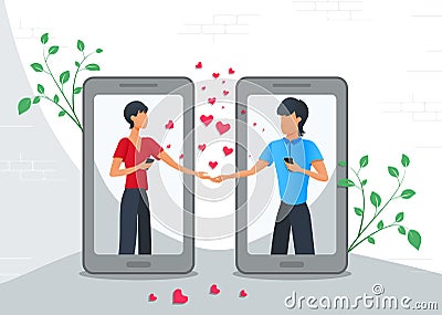 Online dating or virtual relationships, cute couple with smartphones chatting on the internet, social networking, male and female Vector Illustration