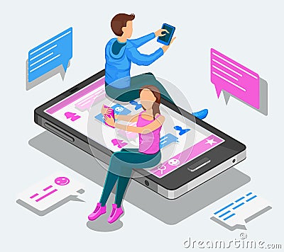 Online dating and virtual relationships isometric concept. Teenagers are chatting sitting on a smartphone. Vector Illustration