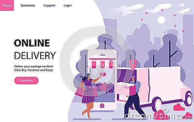 Online delivery concept with women buying stuff from internet and receive a package. Landing modern page template vector illustrat Vector Illustration