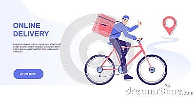 Online delivery and courier service concept. Delivery man riding bicycle to deliver packages to destination in time. Logistics. Vector Illustration