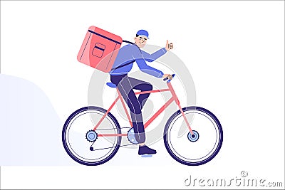 Online delivery and courier service concept. Delivery man riding bicycle to deliver packages or food to destination in time. Vector Illustration