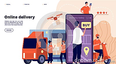 Online delivery. Ecommerce promote, fast service supply. Courier on bike, smart logistic truck. Male internet shopping Vector Illustration