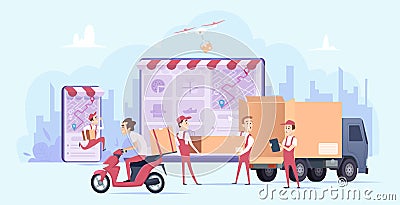 Online delivery. Fast digital shopping and urban courier transport service shipping gifts vector delivery concept Vector Illustration