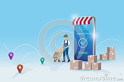 Online delivery, global logistics with smart tracking technology. Delivery man arrange carton shipments with pinpoints on world Stock Photo