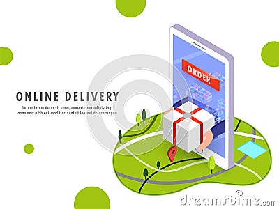 Online delivery, isometric design with human hands coming out fr Stock Photo