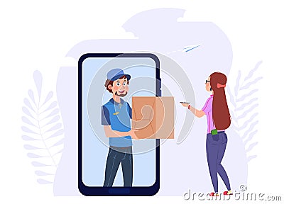 Online delivery. Post man with box, woman and parcel. Mobile app, logistic service vector concept Vector Illustration