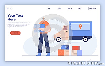 Online delivery service concept, courier with parcel and truck. Internet shipping web banner. Landing page template. Flat vector Cartoon Illustration