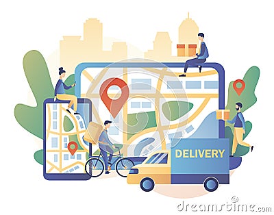 Online delivery service concept. Order tracking. Courier on bike and delivery van. Tiny people are couriers and Vector Illustration