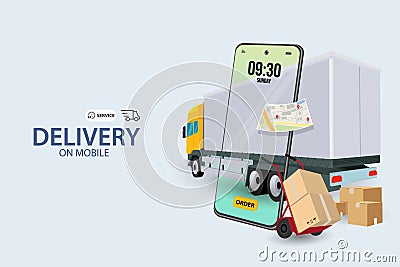 Online delivery service concept, online order tracking,Delivery home and office. City logistics. Warehouse, truck, forklift, Vector Illustration