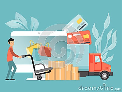 Online delivery service, male character loader carry cart box isolated on blue, flat vector illustration. Fast mail Vector Illustration