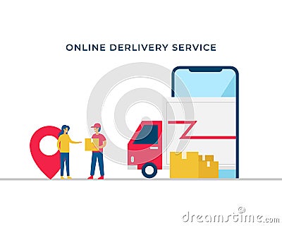 Online delivery service vector illustration concept design. Courier man bring the shipment box to costumer with delivery truck Vector Illustration