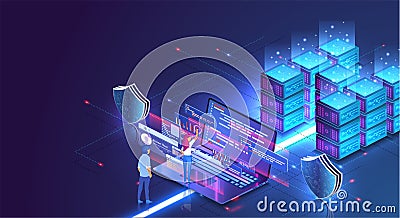 Online devices upload, download information, data in database on cloud services. Futuristic cyberspace technology Vector Illustration