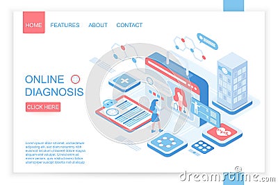Online diagnosis isometric landing page vector template Vector Illustration