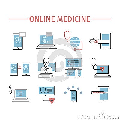 Online diagnosis and treatment. Virtual medical consultation. Vector line icons. Flat infographic set. Vector Illustration