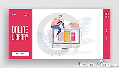 Online digital library landing page concept of people character reading books from reader, computer. Media library website Vector Illustration