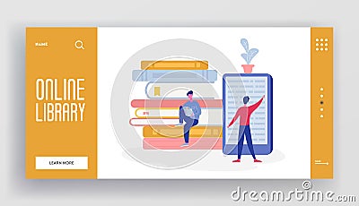 Online digital library landing page concept of people character reading books from reader, computer. Media library website Vector Illustration