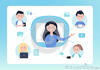 Online Distance School. Teacher and Students. Blended and Flipped Learning Education Concept Vector Illustration Vector Illustration