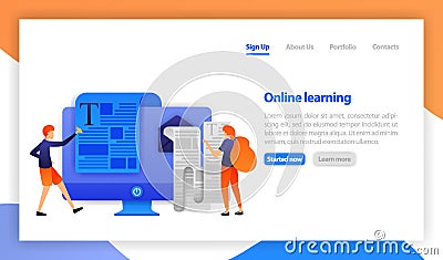 Online distance studying and education concept. distance education, online courses, e-learning, tutorials. reading and writing Vector Illustration