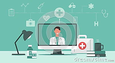 Online doctor medical consultation and support concept, healthcare services Vector Illustration