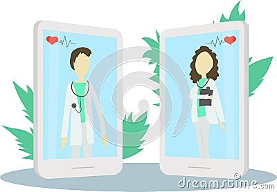 Online doctor character or patient consultation to the doctor via smartphone, can use for poster, banner, flyer, landing page, Stock Photo