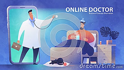 Online Doctor concept illustration with a video call of a patient to see a doctor via smartphone during nighttime Vector Illustration