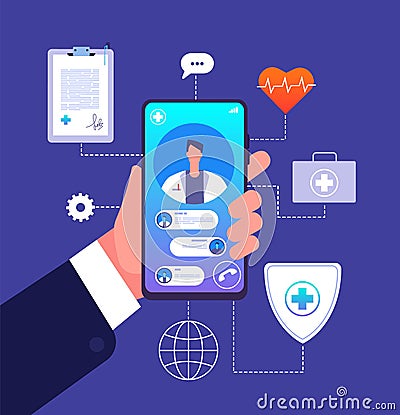 Online doctor concept. Medicine mobile phone app. Doctor consultant advices on smartphone screen. Telemedicine vector Vector Illustration