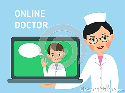 Online doctor. Concept of modern healthcare. Nurse shows you how to get medical advice with help of Internet. Service for medical Vector Illustration