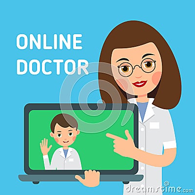 Online doctor. Concept of modern healthcare. Nurse shows you how to get medical advice with help of Internet. Service for medical Vector Illustration